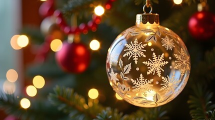 Twinkling lights and vibrant red garlands convey warmth comfort and holiday spirit with a delicate sheen