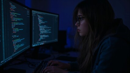 A dedicated female software developer working late at night on her computer with multiple screens. The glowing code reflects her focus and expertise in programming and software development.