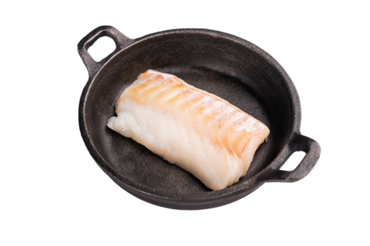 Raw cod fish fillets, whitefish without skin in skillet isolated on white background