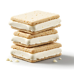 Stack of delicious vanilla ice cream sandwiches between crispy wafers isolated on white background