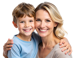 Happy mother and son portrait. isolated transparent background for Mother's Day, parenting blogs