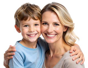 Happy mother and son portrait. isolated transparent background for Mother's Day, parenting blogs