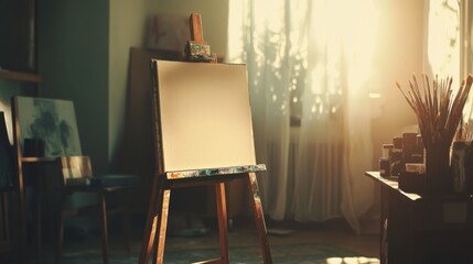 Sun-drenched art studio featuring canvas on easel and painting tools ready for creativity