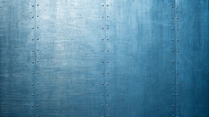A blue metal background with a textured surface and riveted seams creates an industrial backdrop