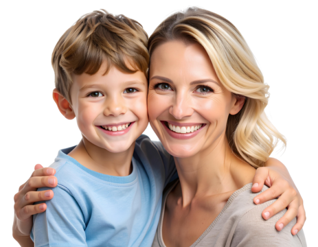 Happy mother and son portrait. isolated transparent background for Mother's Day, parenting blogs