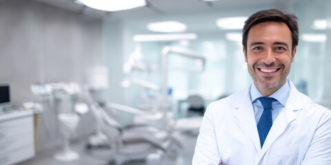 The smiling dentist in a modern dental clinic environment.