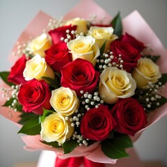 Obraz premium Vibrant Bouquet of Red and Yellow Roses with Baby's Breath in Pink Wrap