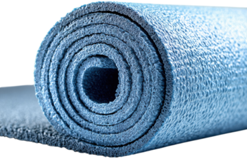Blue yoga mat rolled fitness relaxation exercise pilates equipment studio workout home gym healthy