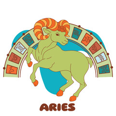 Colorful vector illustration of Aries zodiac sign. Cartoon style ram with astrological symbols. Horoscope and astrology concept