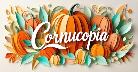 Papercraft pumpkins, leaves create vibrant cornucopia design. Festive autumn colors, detailed texture, beautiful composition.