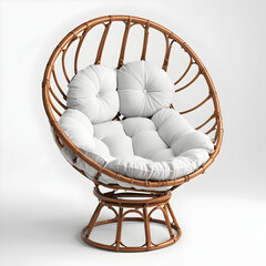 Comfortable round papasan chair with soft white cushion and rattan base isolated on white background