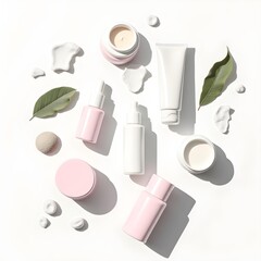 Flat Lay of Natural Skincare and Beauty Products with Serums, Creams, and Leaves