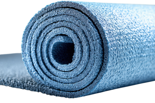 Blue yoga mat rolled fitness relaxation exercise pilates equipment studio workout home gym healthy