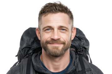 Adventurer smiling in nature outdoor portrait bright environment. Isolated on transparent background, png.