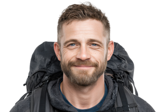 Adventurer smiling in nature outdoor portrait bright environment. Isolated on transparent background, png.