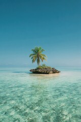 Palm tree on small rock islet in clear turquoise water, vibrant blue sky