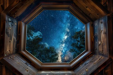 A hexagonal wooden window frame with antique bronze accents, offering a glimpse of the starry night sky