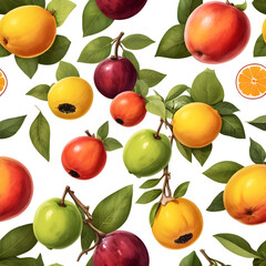 Obraz premium Fresh assorted seasonal fruits including apples, pears, peaches, and plums with green leaves on white background