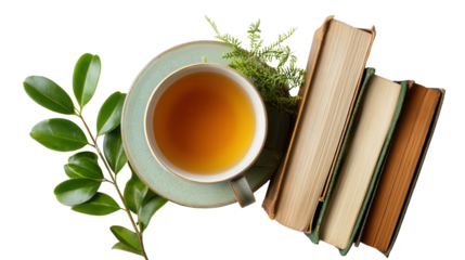 A Cup of Herbal Tea and Books: A flat lay featuring a cup of herbal tea next to a stack of books, isolated on a Transparent background, PNG file.