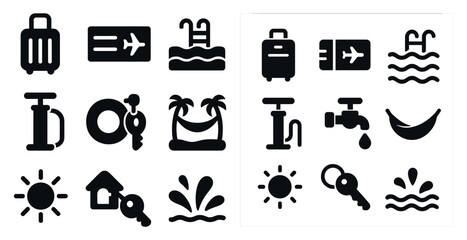 Travel and vacation icons set &ndash; silhouette, solid, holiday and leisure symbols