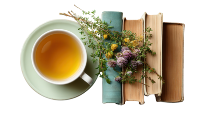 A Cup of Herbal Tea and Books: A flat lay of a cup of herbal tea and a stack of books, isolated on a Transparent background, PNG file.