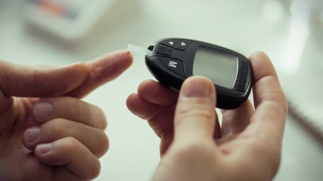 A person is testing their blood glucose levels with a glucose meter at home during the morning. The individual pricks their finger to obtain a blood sample for monitoring health