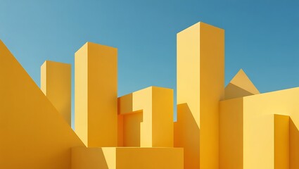 Abstract Geometric Cityscape in Yellow Tones Against Clear Blue Sky Minimalist Architectural Design for Modern Presentation Backgrounds