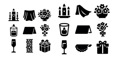 Wedding and event silhouette icons set – decor, celebration, ceremony symbols