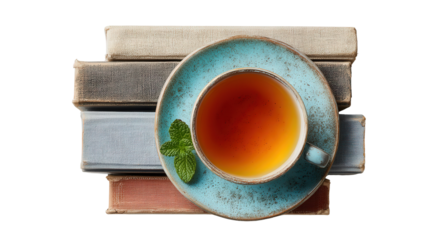 A Cup of Herbal Tea and Books: A flat lay of a cup of herbal tea and a stack of books, isolated on a Transparent background, PNG file.