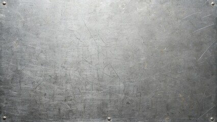 A closeup shot of a scratched gray metal surface with rivets in the corners