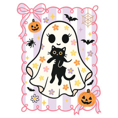 Cat Retro Halloween Cute Spooky Ghost Halloween T-shirt Vector, Scary Halloween Ghostly Illustration, Spooky Vibes Saying, Holiday Seasonal Shirt Design