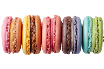 Colorful macarons display in a bakery food photography indoor. Isolated on transparent background, png.