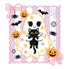 Cat Retro Halloween Cute Spooky Ghost Halloween T-shirt Vector, Scary Halloween Ghostly Illustration, Spooky Vibes Saying, Holiday Seasonal Shirt Design
