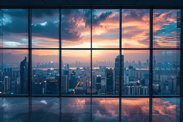 A large modern window frame with sleek black metal and oversized panes of clear glass, offering a panoramic view of a city skyline -