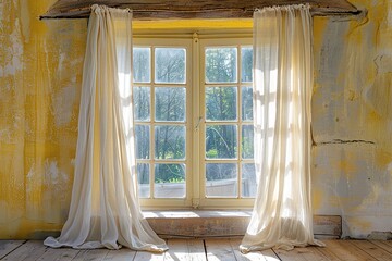A large rustic wooden window frame with a distressed finish, painted in mustard yellow, adorned with flowing sheer white curtains 