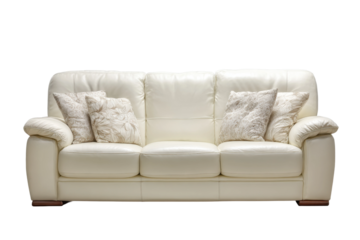 Elegant white sofa with decorative cushions home living room furniture. Isolated on transparent background, png.