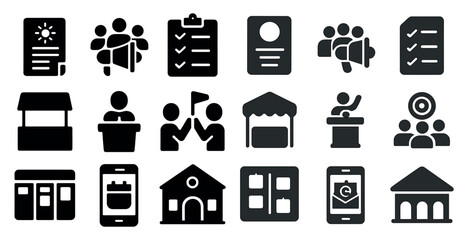 Business and communication icons set in solid style – meetings, discussions