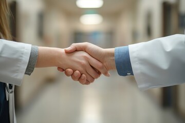 Pharmaceutical sales representative shaking hands with a female doctor in a medical building, exchanging professional insights, Generative AI