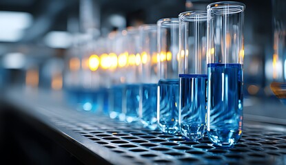 Colorful Chemical Solutions in Laboratory Glassware, Close-up view of multiple graduated cylinders or beakers filled with various shades of blue liquids, likely chemical solutions, arranged on a metal