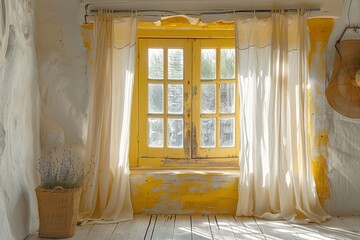 A large rustic wooden window frame with a distressed finish, painted in mustard yellow, adorned with flowing sheer white curtains 