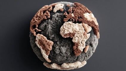 3D textured Earth, continents in light and dark shades of brown on a dark gray sphere