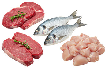 A selection of raw meat and fish including beef steaks chicken cubes and whole