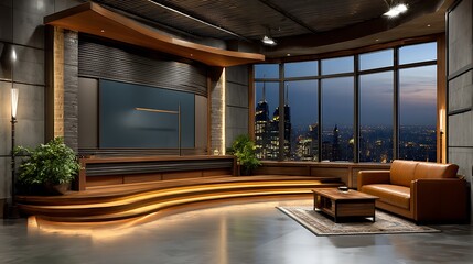 Modern television studio set with city view and comfortable seating