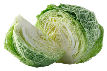 Obraz premium Fresh green cabbage wedge, crisp leafy vegetable close-up, raw organic produce ingredient for cooking and nutrition isolated on Transparent Background