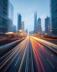 Naklejka premium Busy city highway at twilight. Motion blur of cars