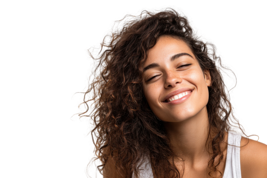 Joyful smiling woman studio portrait photography bright setting. Isolated on transparent background, png. - Powered by Adobe