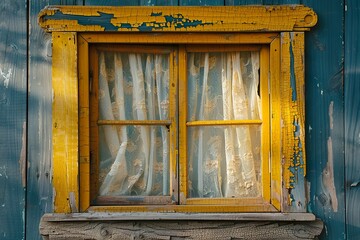A large rustic wooden window frame with a distressed finish, painted in mustard yellow, adorned with flowing sheer white curtains