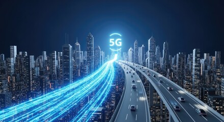 Futuristic cityscape with 5g network overlaying roads and traffic