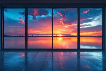 A modern, minimalist black aluminum window frame with large glass panes, reflecting the sunset over a calm lake