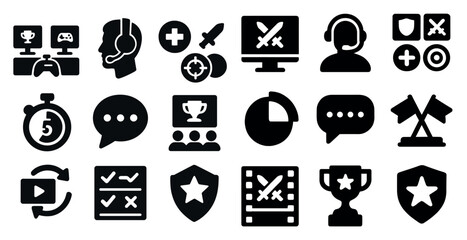 Gaming and esports solid icons set – badge, trophy, digital and online symbols